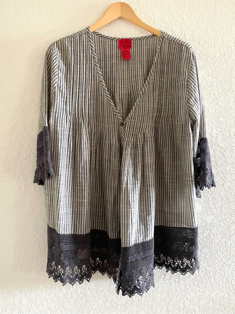 Christina Gray Striped Boho V-Neck Tunic with Crochet Trim Festival Tunic Sz XL